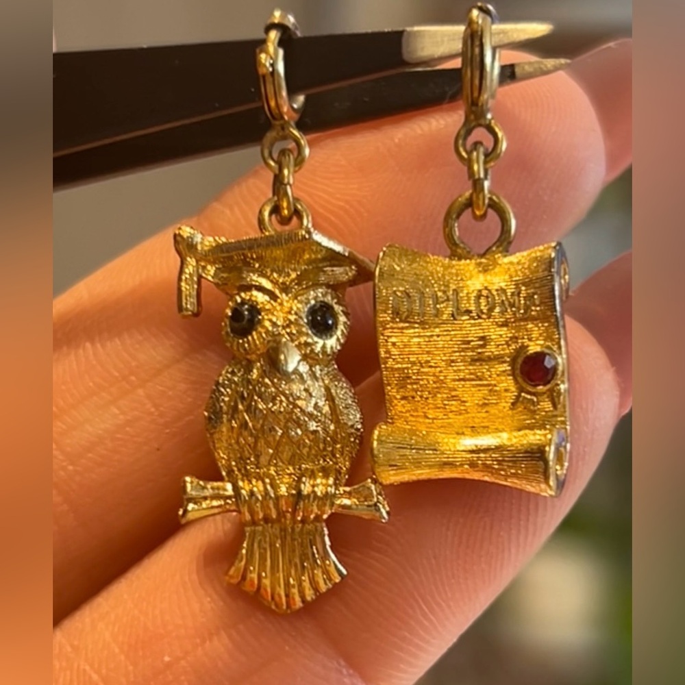 Vintage Monet Graduation Owl & Diploma Gold-Plated Charm Set